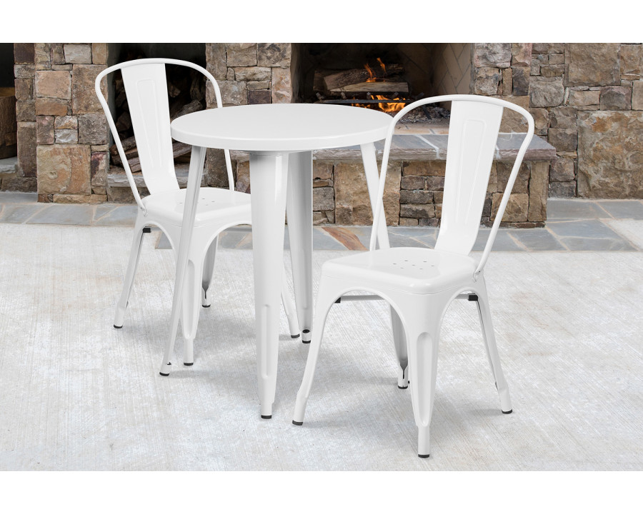 BLNK Napoleon Commercial Round Metal Indoor-Outdoor Table Set with 2 Cafe Chairs - White