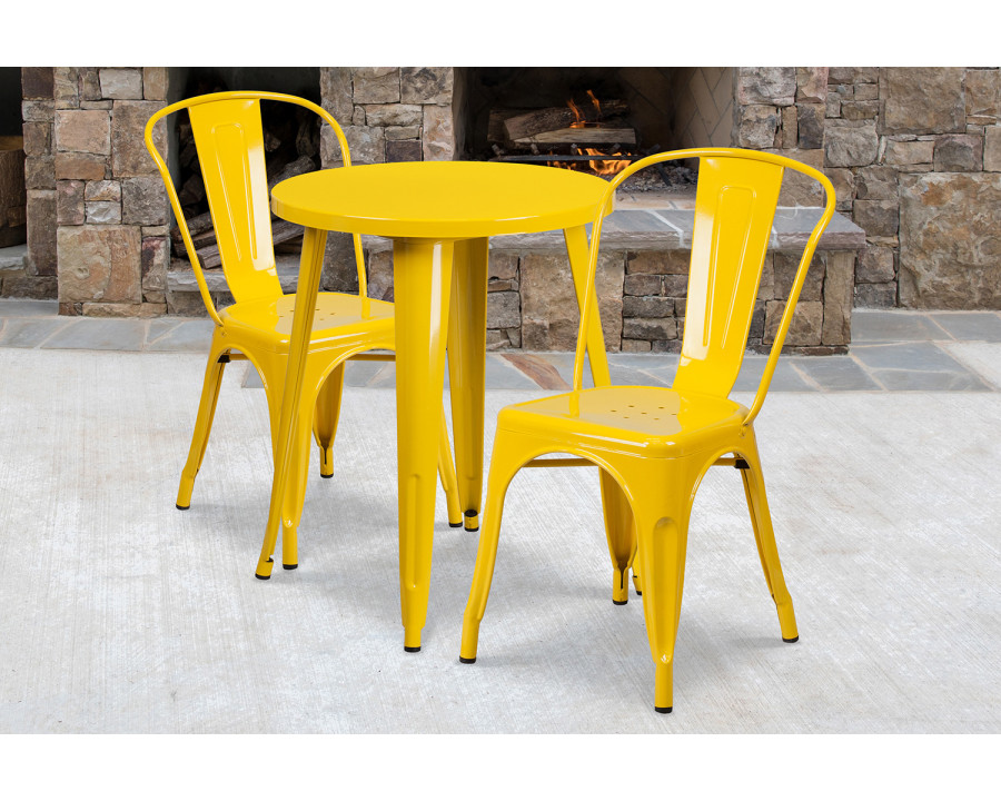 BLNK Napoleon Commercial Round Metal Indoor-Outdoor Table Set with 2 Cafe Chairs - Yellow