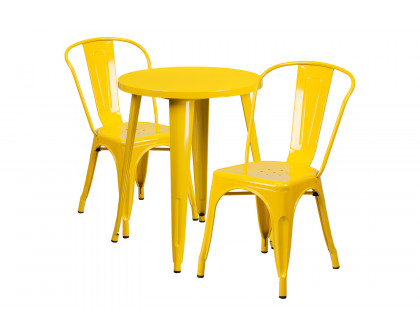 BLNK Napoleon Commercial Round Metal Indoor-Outdoor Table Set with 2 Cafe Chairs - Yellow