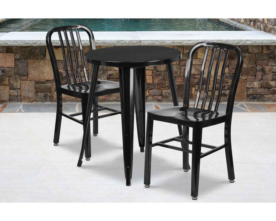 BLNK Napoleon Commercial Round Metal Indoor-Outdoor Table Set with 2 Vertical Slat Back Chairs - Black