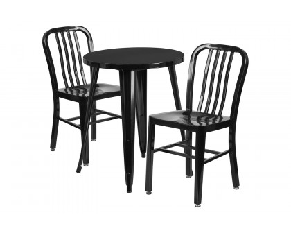 BLNK Napoleon Commercial Round Metal Indoor-Outdoor Table Set with 2 Vertical Slat Back Chairs - Black