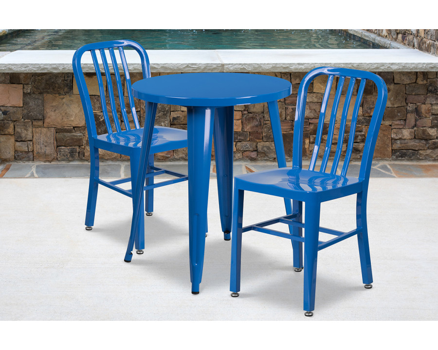 BLNK Napoleon Commercial Round Metal Indoor-Outdoor Table Set with 2 Vertical Slat Back Chairs - Blue