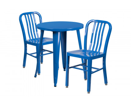 BLNK Napoleon Commercial Round Metal Indoor-Outdoor Table Set with 2 Vertical Slat Back Chairs - Blue