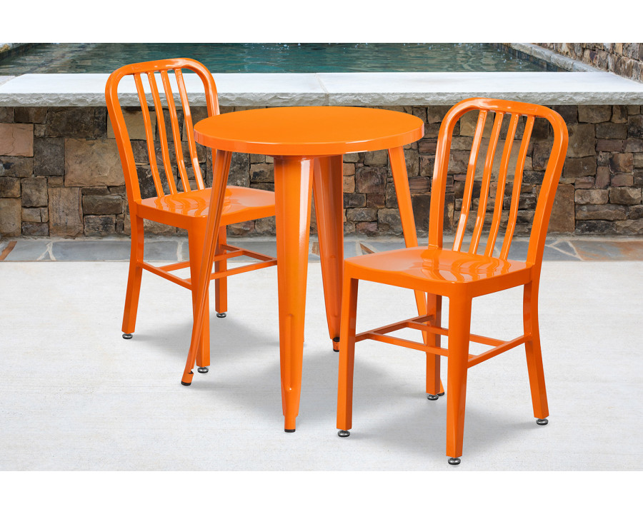 BLNK Napoleon Commercial Round Metal Indoor-Outdoor Table Set with 2 Vertical Slat Back Chairs - Orange