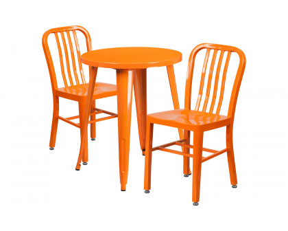 BLNK Napoleon Commercial Round Metal Indoor-Outdoor Table Set with 2 Vertical Slat Back Chairs - Orange