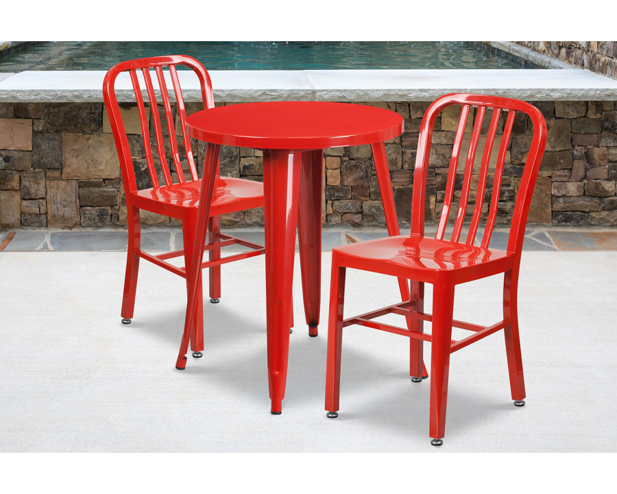 BLNK Napoleon Commercial Round Metal Indoor-Outdoor Table Set with 2 Vertical Slat Back Chairs - Red