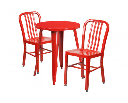 BLNK Napoleon Commercial Round Metal Indoor-Outdoor Table Set with 2 Vertical Slat Back Chairs - Red