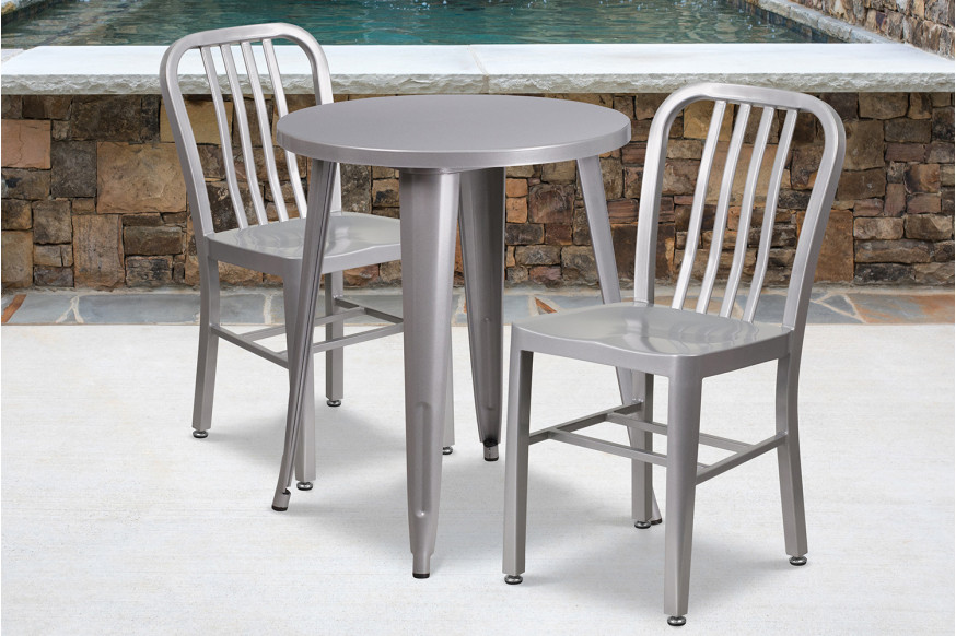 BLNK™ Napoleon Commercial Round Metal Indoor-Outdoor Table Set with 2 Vertical Slat Back Chairs - Silver