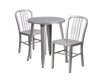 BLNK™ Napoleon Commercial Round Metal Indoor-Outdoor Table Set with 2 Vertical Slat Back Chairs - Silver