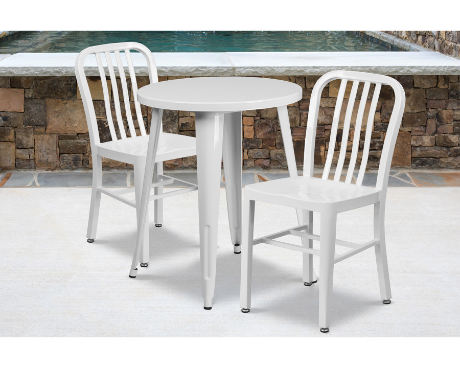 BLNK Napoleon Commercial Round Metal Indoor-Outdoor Table Set with 2 Vertical Slat Back Chairs - White