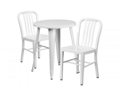 BLNK Napoleon Commercial Round Metal Indoor-Outdoor Table Set with 2 Vertical Slat Back Chairs - White