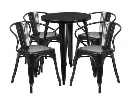 BLNK Chauncey Commercial Round Metal Indoor-Outdoor Table Set with 4 Arm Chairs - Black