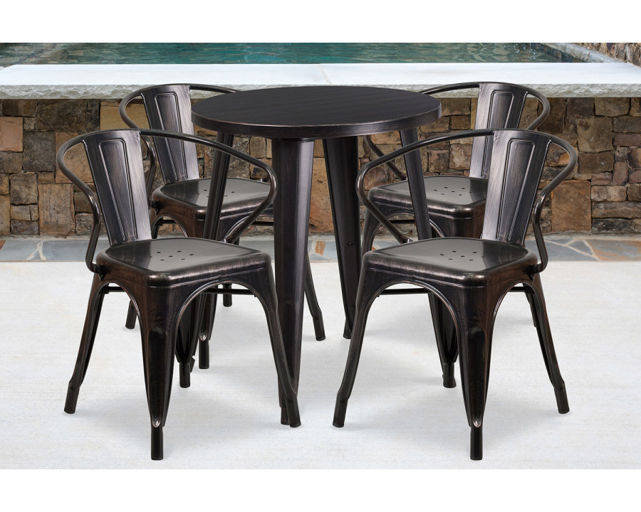 BLNK Chauncey Commercial Round Metal Indoor-Outdoor Table Set with 4 Arm Chairs - Black/Antique Gold