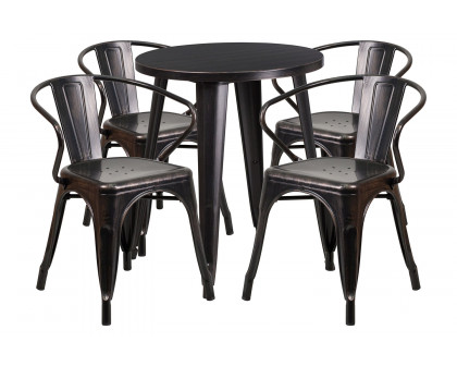 BLNK Chauncey Commercial Round Metal Indoor-Outdoor Table Set with 4 Arm Chairs - Black/Antique Gold