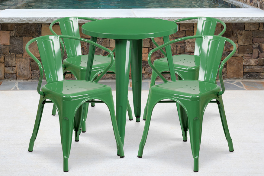 BLNK™ Chauncey Commercial Round Metal Indoor-Outdoor Table Set with 4 Arm Chairs - Green