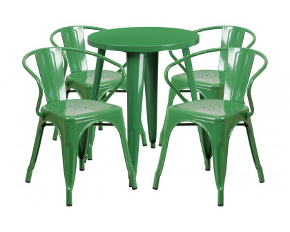 BLNK™ Chauncey Commercial Round Metal Indoor-Outdoor Table Set with 4 Arm Chairs - Green