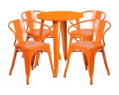 BLNK Chauncey Commercial Round Metal Indoor-Outdoor Table Set with 4 Arm Chairs - Orange