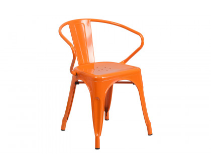 BLNK Chauncey Commercial Round Metal Indoor-Outdoor Table Set with 4 Arm Chairs - Orange