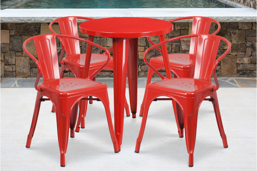 BLNK™ Chauncey Commercial Round Metal Indoor-Outdoor Table Set with 4 Arm Chairs - Red