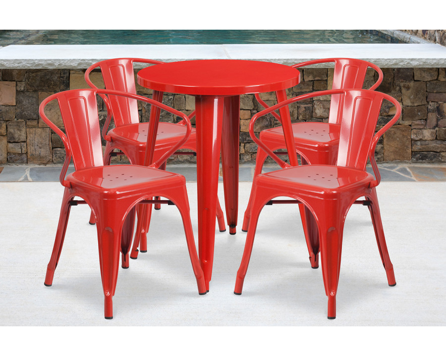 BLNK Chauncey Commercial Round Metal Indoor-Outdoor Table Set with 4 Arm Chairs - Red