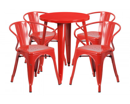 BLNK™ Chauncey Commercial Round Metal Indoor-Outdoor Table Set with 4 Arm Chairs - Red