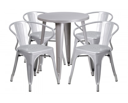 BLNK Chauncey Commercial Round Metal Indoor-Outdoor Table Set with 4 Arm Chairs - Silver