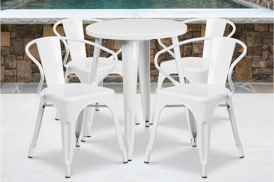 BLNK™ Chauncey Commercial Round Metal Indoor-Outdoor Table Set with 4 Arm Chairs - White