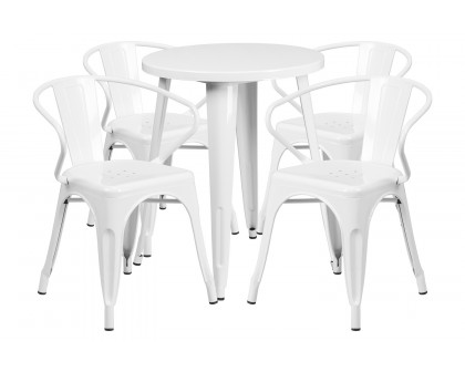 BLNK™ Chauncey Commercial Round Metal Indoor-Outdoor Table Set with 4 Arm Chairs - White