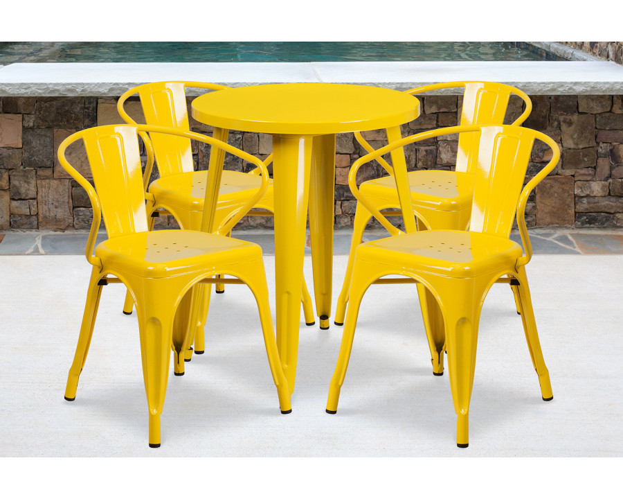 BLNK Chauncey Commercial Round Metal Indoor-Outdoor Table Set with 4 Arm Chairs - Yellow