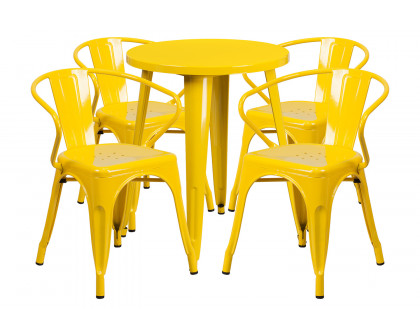 BLNK Chauncey Commercial Round Metal Indoor-Outdoor Table Set with 4 Arm Chairs - Yellow