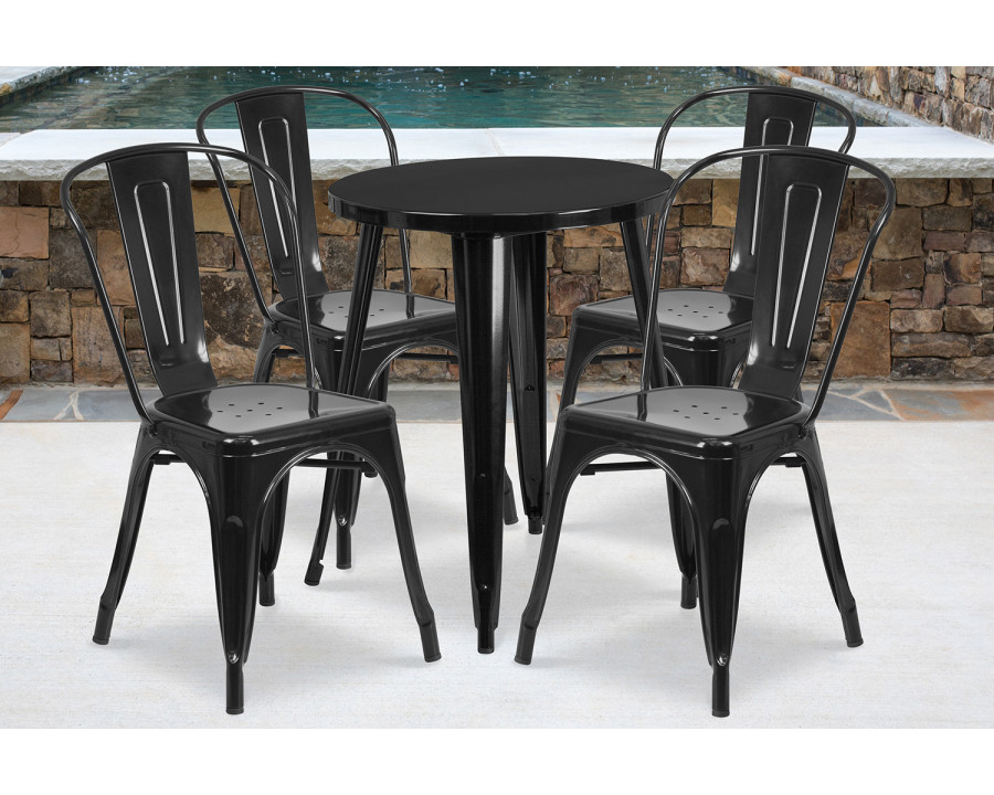 BLNK Chauncey Commercial Round Metal Indoor-Outdoor Table Set with 4 Cafe Chairs - Black