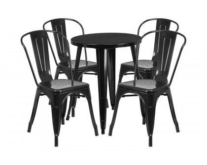 BLNK Chauncey Commercial Round Metal Indoor-Outdoor Table Set with 4 Cafe Chairs - Black