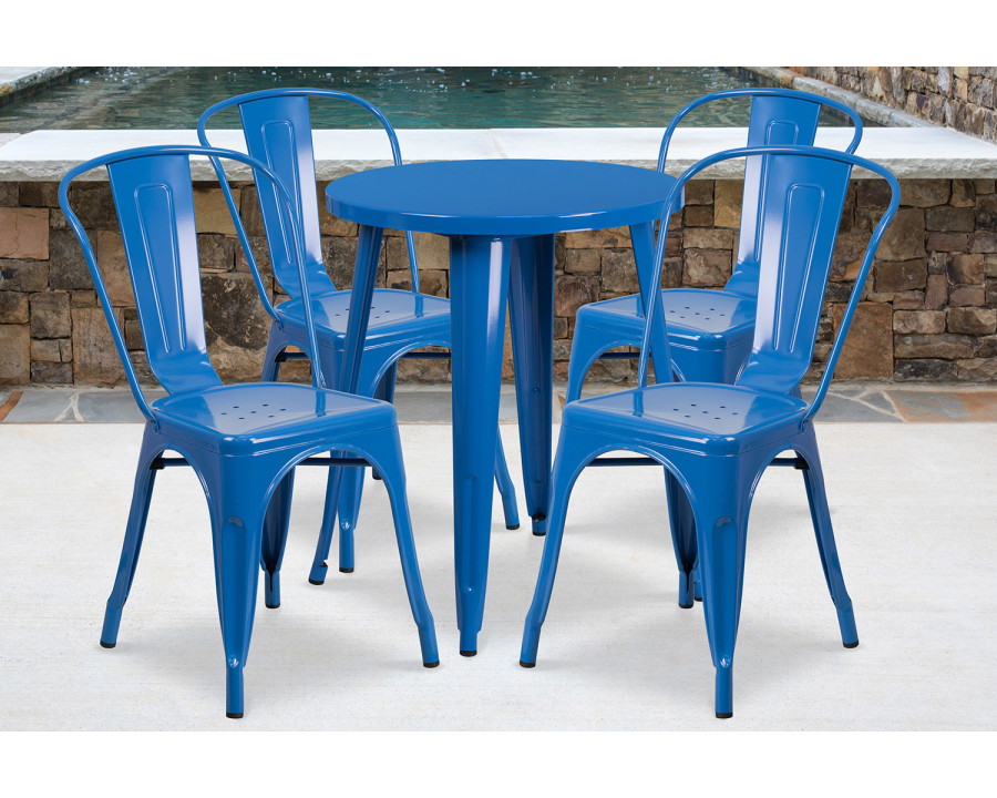 BLNK Chauncey Commercial Round Metal Indoor-Outdoor Table Set with 4 Cafe Chairs - Blue