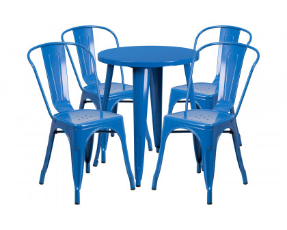 BLNK Chauncey Commercial Round Metal Indoor-Outdoor Table Set with 4 Cafe Chairs - Blue