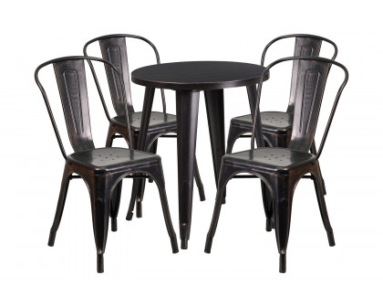 BLNK Chauncey Commercial Round Metal Indoor-Outdoor Table Set with 4 Cafe Chairs - Black/Antique