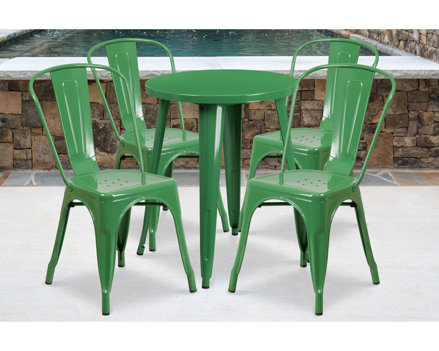 BLNK Chauncey Commercial Round Metal Indoor-Outdoor Table Set with 4 Cafe Chairs - Green