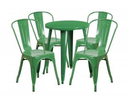 BLNK Chauncey Commercial Round Metal Indoor-Outdoor Table Set with 4 Cafe Chairs - Green