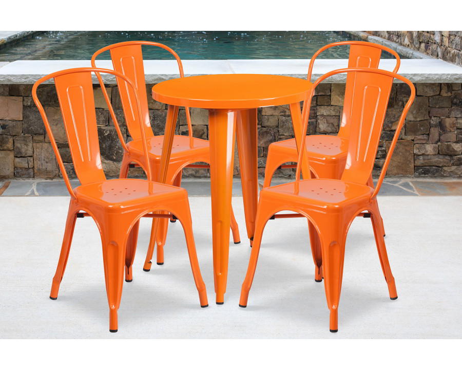 BLNK Chauncey Commercial Round Metal Indoor-Outdoor Table Set with 4 Cafe Chairs - Orange