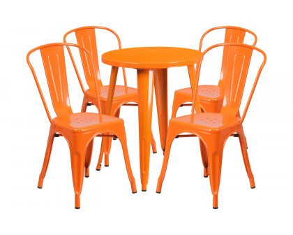 BLNK Chauncey Commercial Round Metal Indoor-Outdoor Table Set with 4 Cafe Chairs - Orange