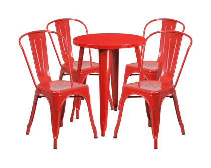 BLNK Chauncey Commercial Round Metal Indoor-Outdoor Table Set with 4 Cafe Chairs - Red