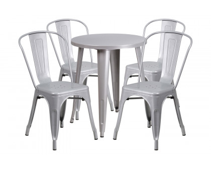 BLNK Chauncey Commercial Round Metal Indoor-Outdoor Table Set with 4 Cafe Chairs - Silver