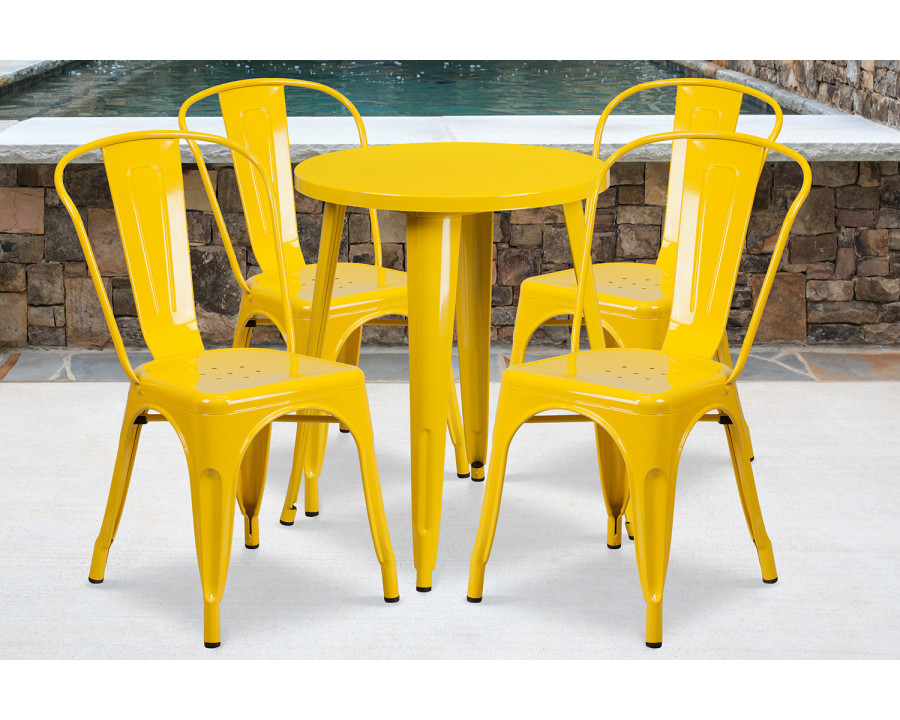 BLNK Chauncey Commercial Round Metal Indoor-Outdoor Table Set with 4 Cafe Chairs - Yellow