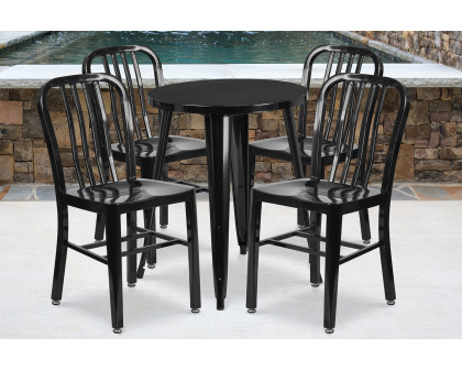 BLNK Thomas Commercial Round Metal Indoor-Outdoor Table Set with 4 Vertical Slat Back Chairs