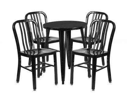 BLNK Thomas Commercial Round Metal Indoor-Outdoor Table Set with 4 Vertical Slat Back Chairs - Black