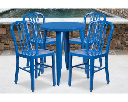 BLNK Thomas Commercial Round Metal Indoor-Outdoor Table Set with 4 Vertical Slat Back Chairs