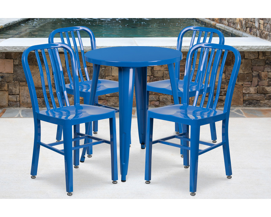 BLNK Thomas Commercial Round Metal Indoor-Outdoor Table Set with 4 Vertical Slat Back Chairs - Blue