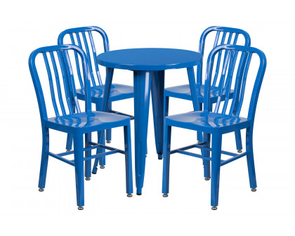 BLNK Thomas Commercial Round Metal Indoor-Outdoor Table Set with 4 Vertical Slat Back Chairs - Blue