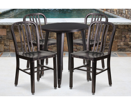 BLNK Thomas Commercial Round Metal Indoor-Outdoor Table Set with 4 Vertical Slat Back Chairs