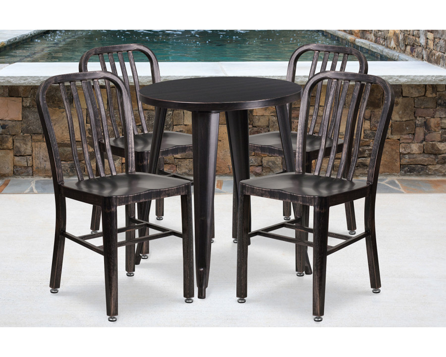 BLNK Thomas Commercial Round Metal Indoor-Outdoor Table Set with 4 Vertical Slat Back Chairs - Black/Antique Gold