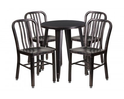 BLNK Thomas Commercial Round Metal Indoor-Outdoor Table Set with 4 Vertical Slat Back Chairs - Black/Antique Gold